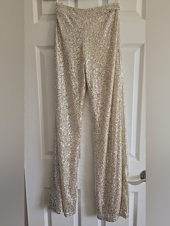 Aakaa Pants - Women's Aakaa Long Silver Sequin Wide Leg Lined Side Zip Pant SIze Small